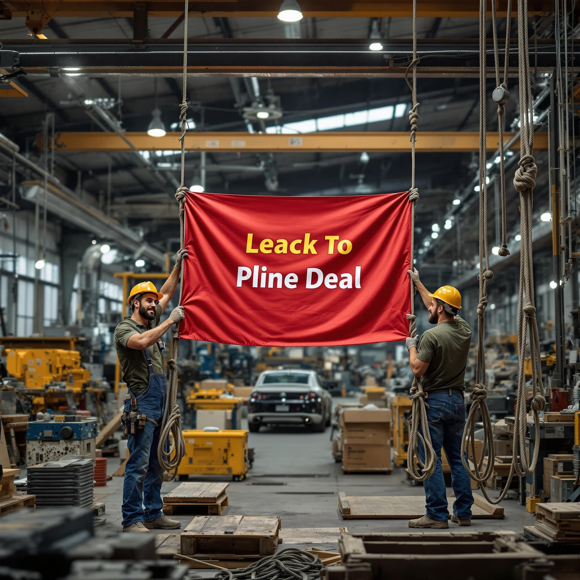 AI generated: In the factory photo, two workers in the workshop are hanging a red banner with some text and lookin...