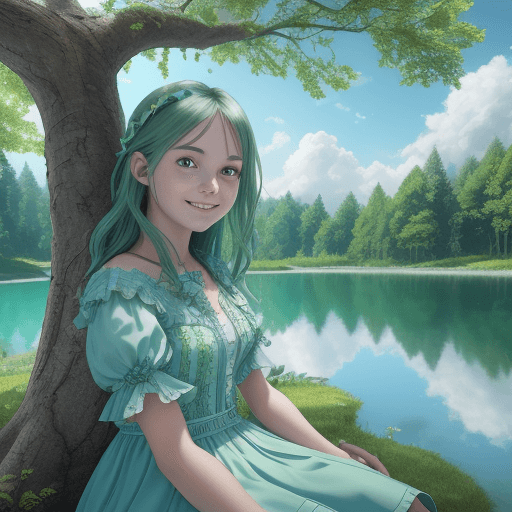 AI generated: girl smile looking at the horizon sitting on the epic tree in the background, clouds bright, tree gr...