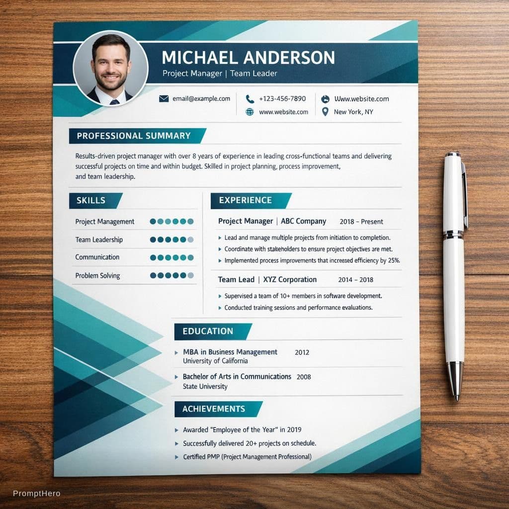 AI generated: Design a high-resolution mockup of a professional curriculum vitae (CV). The CV should have a modern...