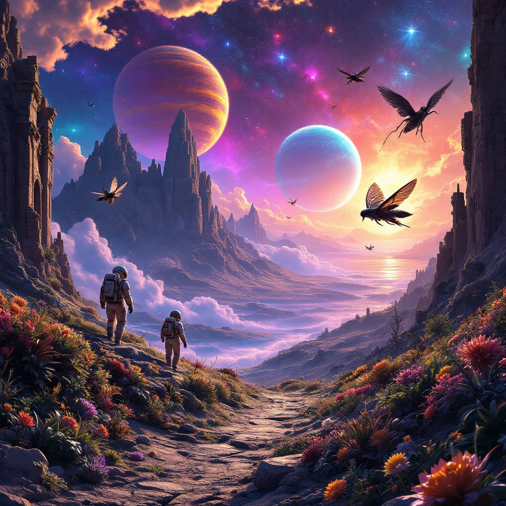 AI generated: extrem fantastic view over an alien landscape on anaother planet ,far away in a distant galaxy,very ...