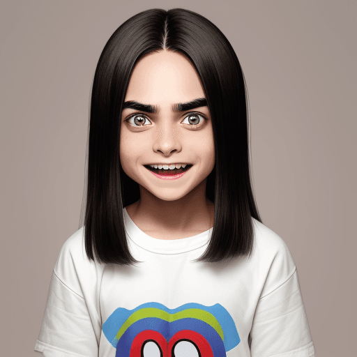 AI generated: An 11-year-old boy with straight hair in a middle parting, big eyes and straight eyebrows, who laugh...