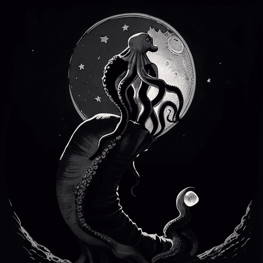 AI generated: a digital illustration of, a giant octopus wrapping its tentacles around the moon, in the darkness o...