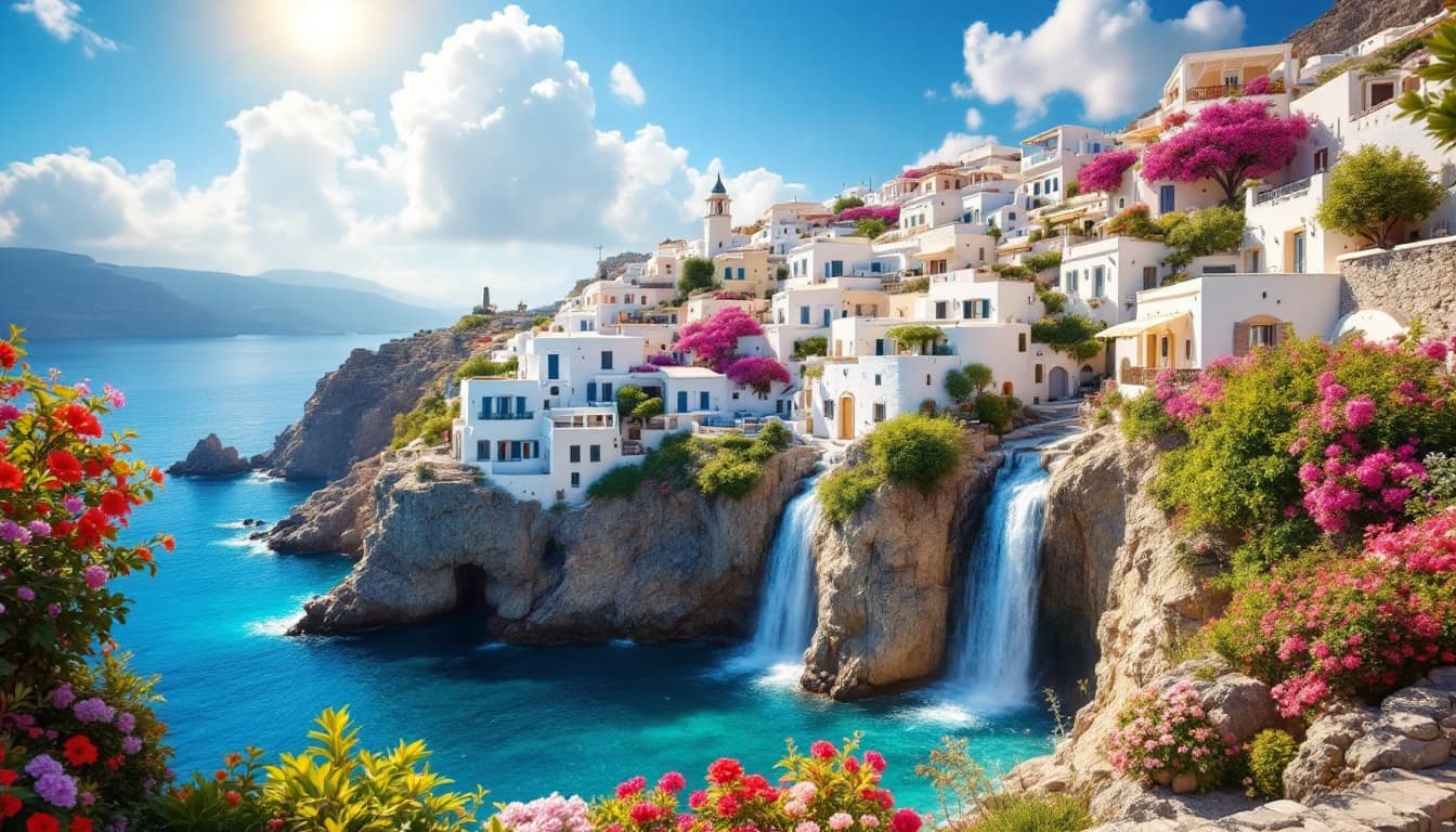 AI generated: a mesmerizing, fictive, dreamlike Mediterranean landscape with a lush, vibrant waterfall cascading d...