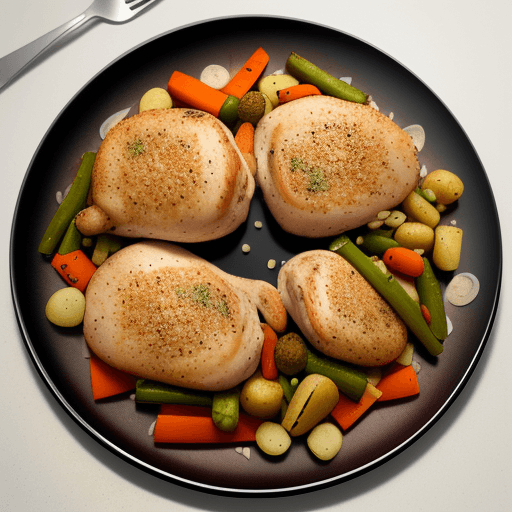 AI generated: ultra realistic photo of an ultra healthy meal, cooked vegetables and roasted chicken breast on a yi...