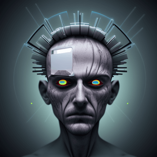 AI generated: man with a Futuristic iPhone fused to his brain, full body Blender 3D art, intense, shocking, psycho...