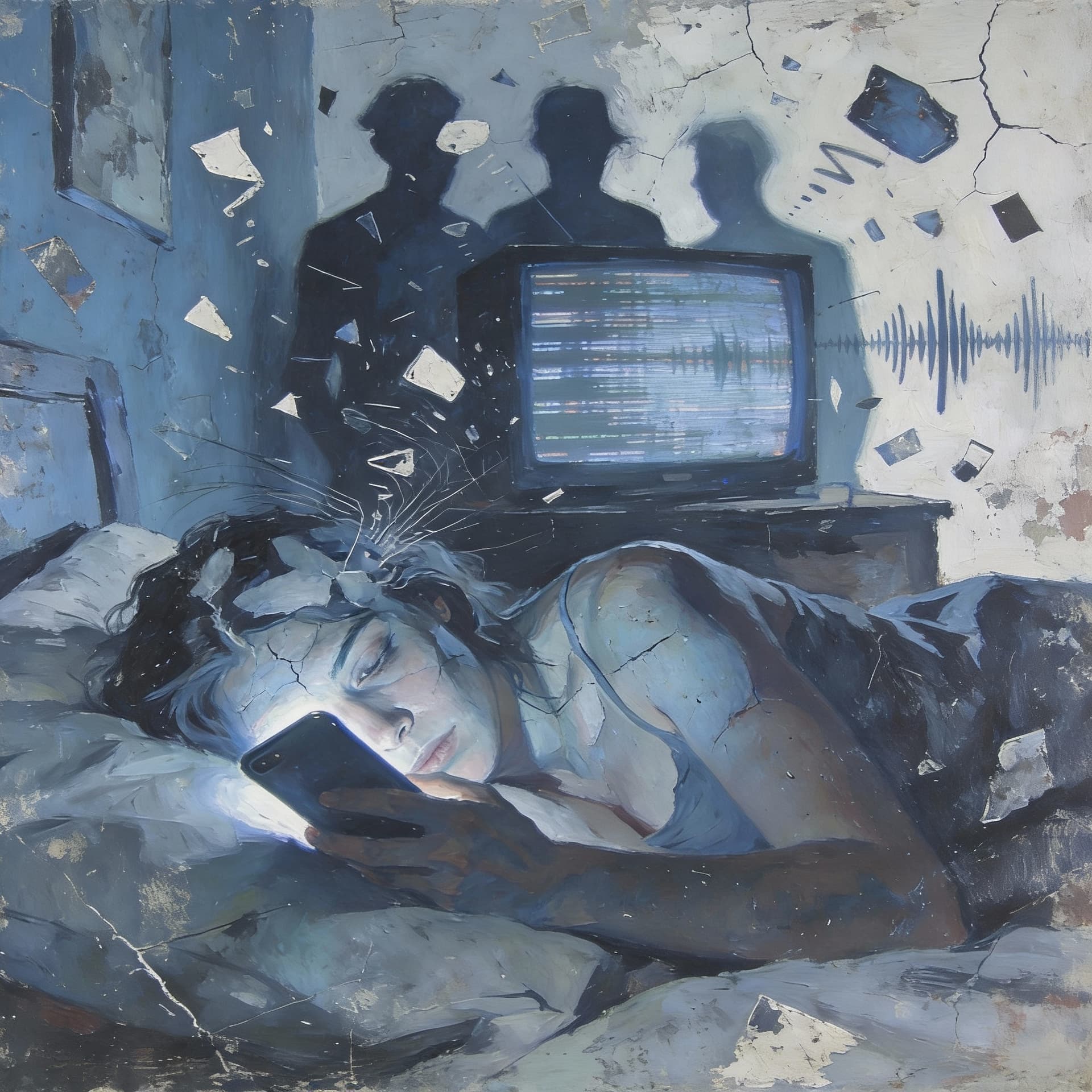 AI generated: Fine art expressionist painting of a woman with eyes closed, head slightly tilted back, cracked skin...