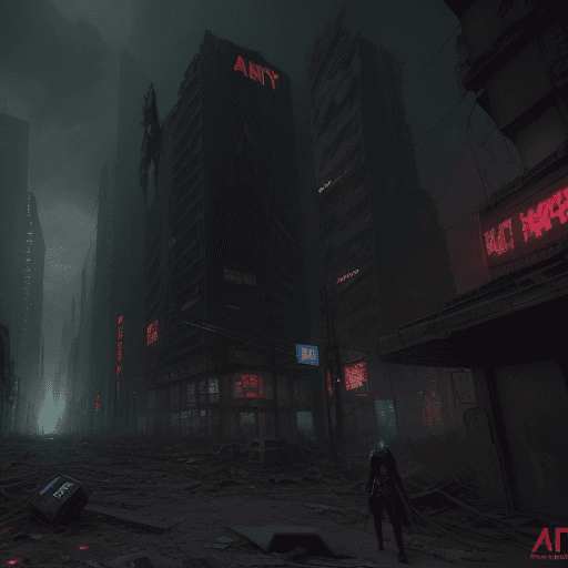 AI generated: A (time of day) scene of a Cyberpunk post-apocalyptic city in ruins and zombies. Angel of sentence, ...