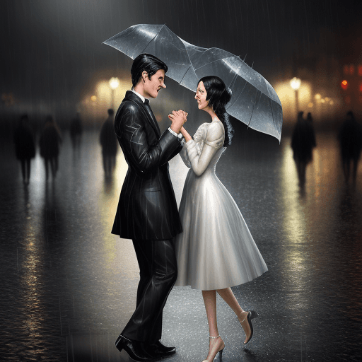 AI generated: Dance in the rain, digital art, the realistic effect, a couple of young lovers, holding hands, looki...