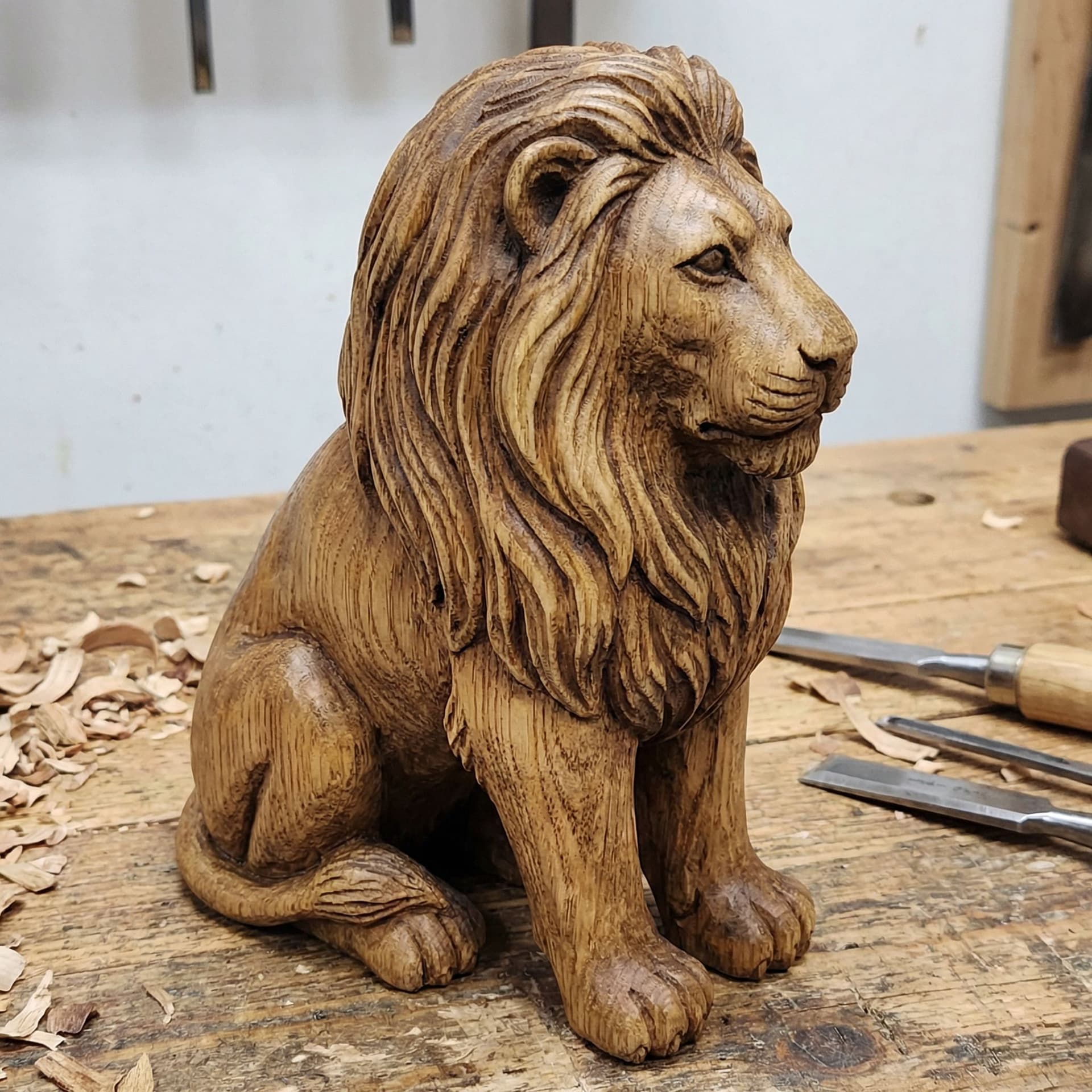 AI generated: Wood carving. A brown and tanLION