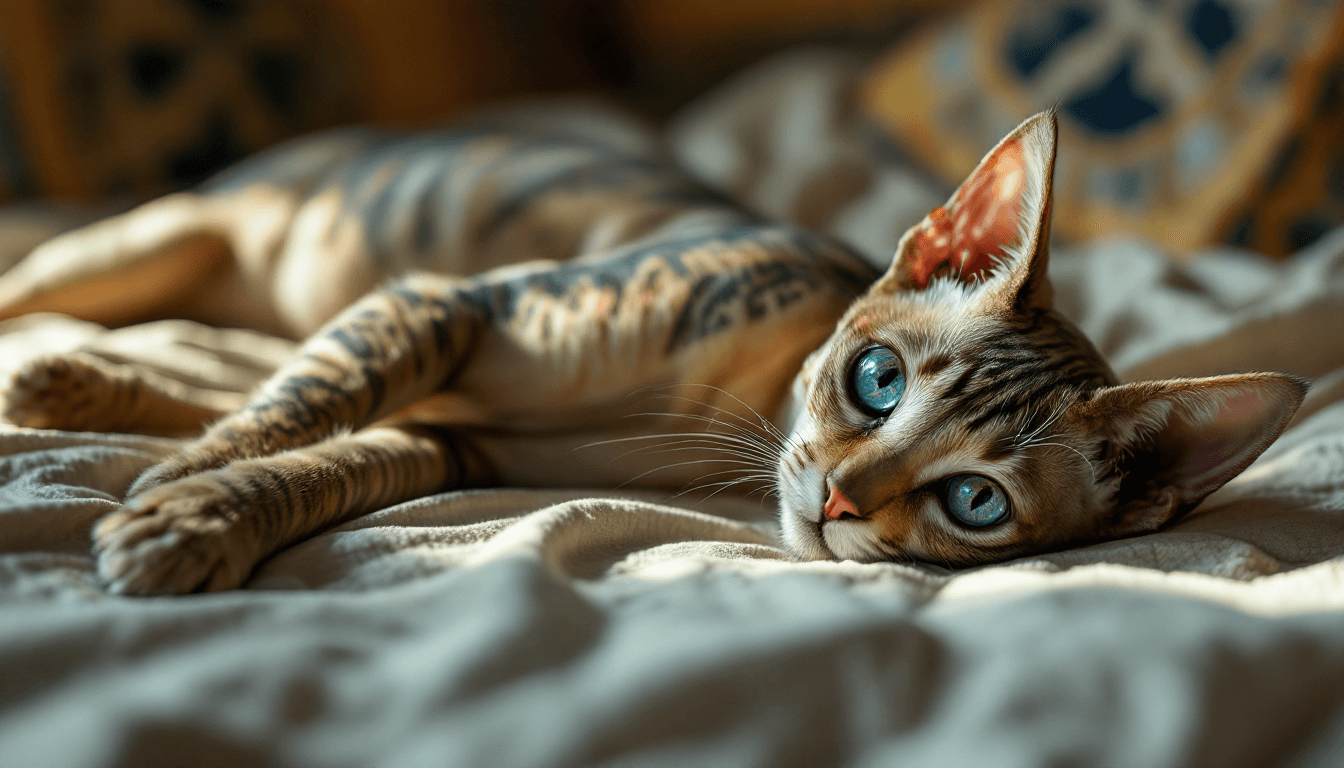 AI generated: (hyper-detailed) (8K) photorealistic, full body image of a Sphinx cat laying on it's stomach sideway...