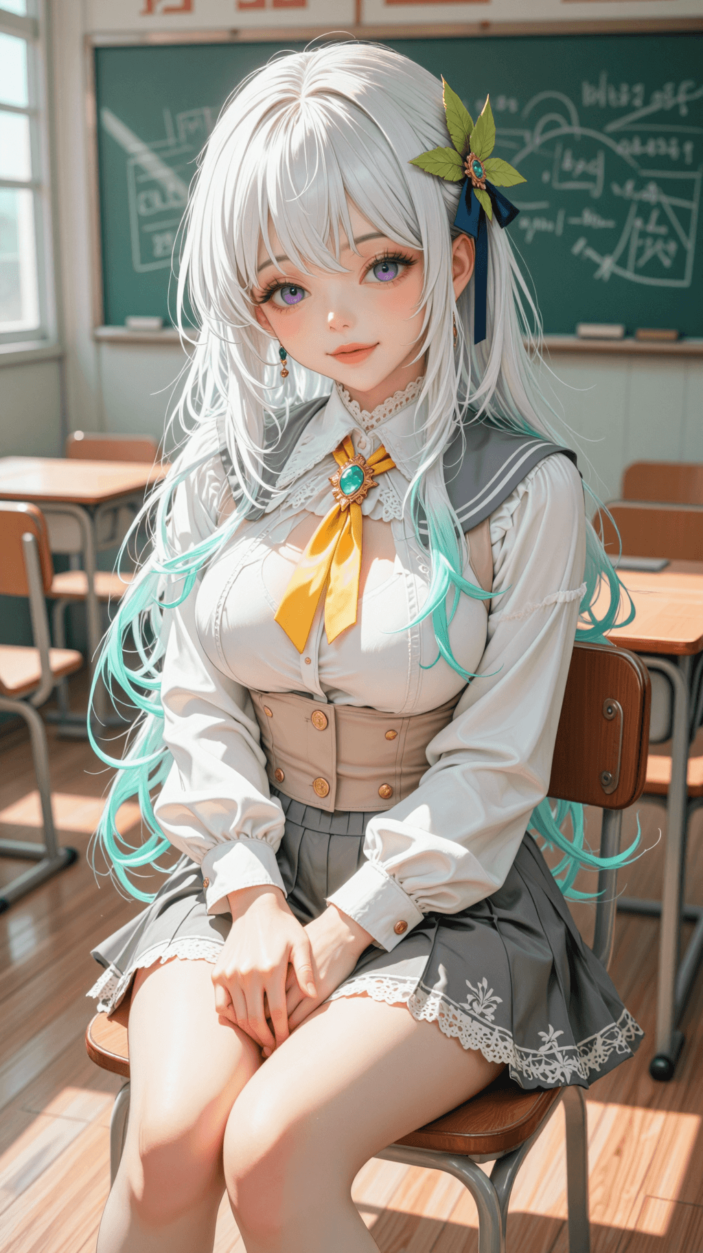AI generated: A highly detailed, anime-style digital illustration of a beautiful young woman with long silver hair...