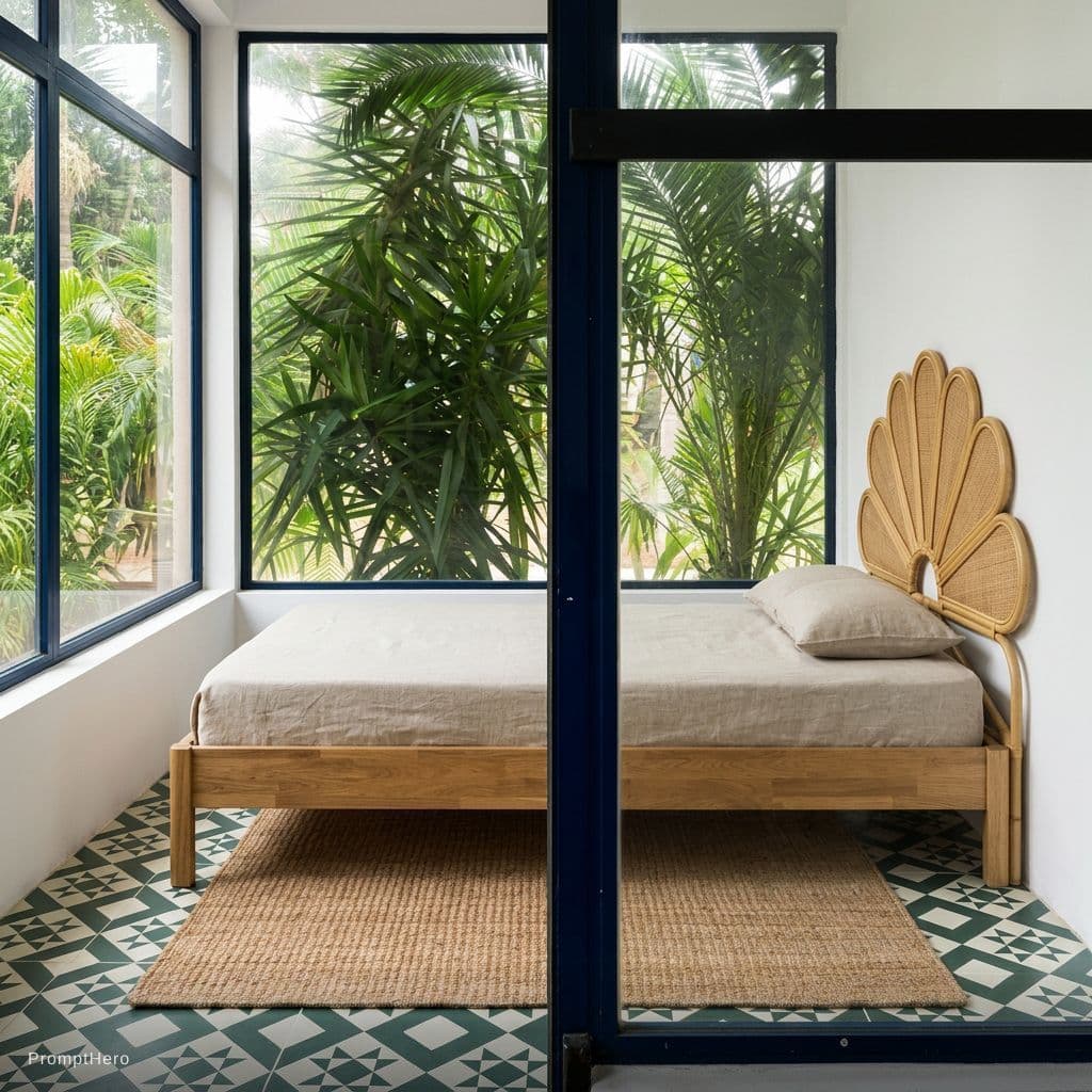 AI generated: add this bed to the room with the headboard against the window. the right part of the bed is touchin...