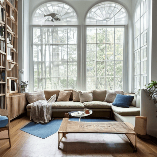 AI generated: High resolution photography interior design, dreamy sunken living room conversation pit, wooden floo...