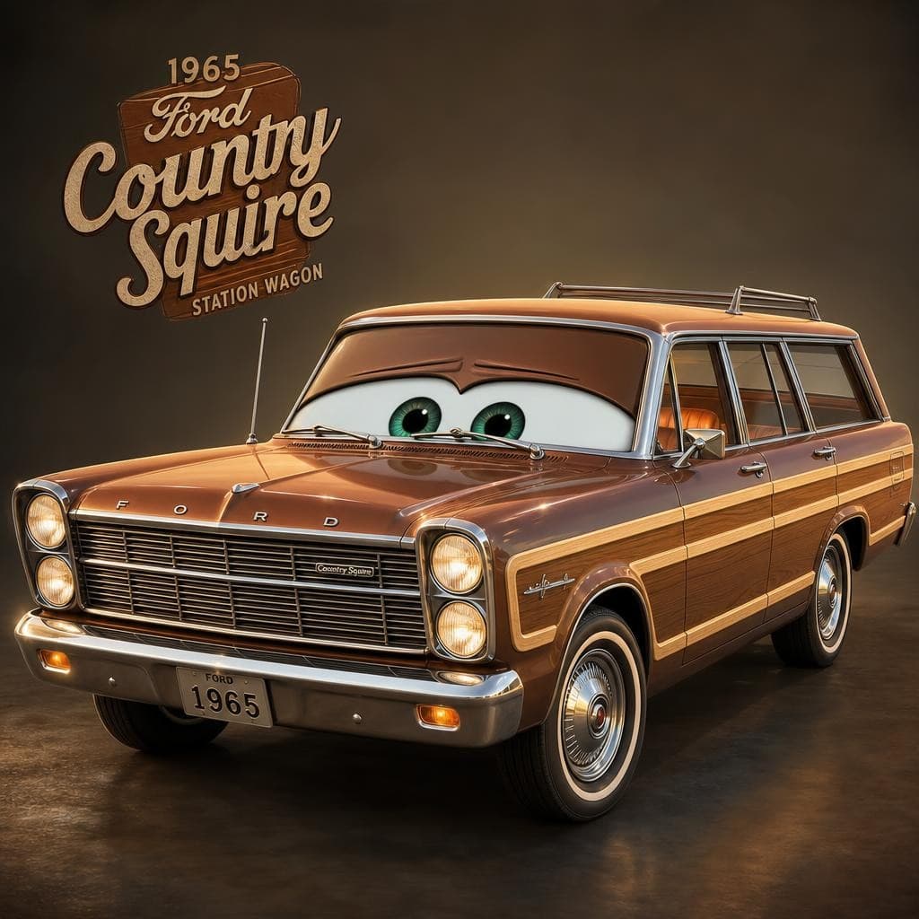 AI generated: Expressive caricature in pixar style unreal of a 1965 Ford Country Squire Station Wagon in the style...