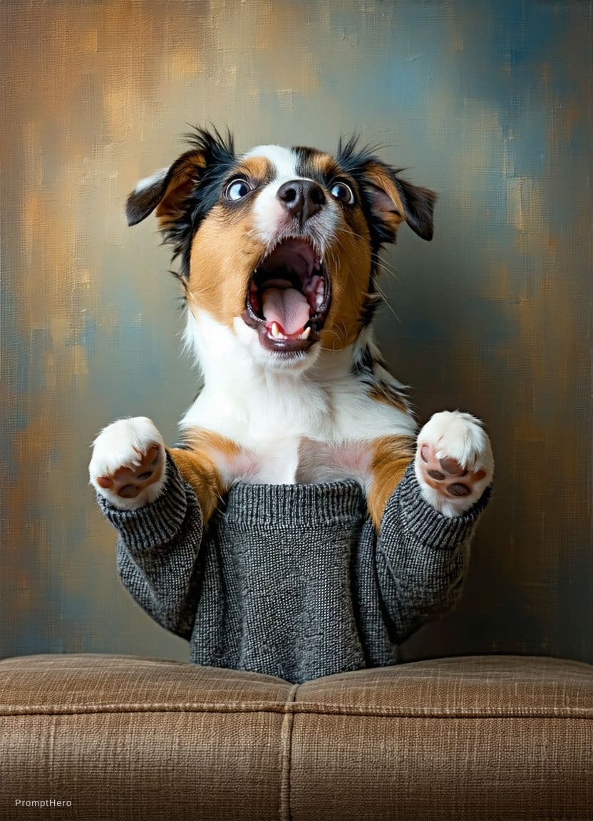 AI generated: a little dog(as seen in photo attached) looks shocked (puts his paws on a face), (shocked emotion pu...