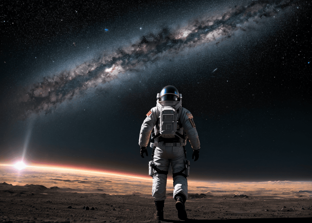 AI generated: Realistic photo of an astronaut wearing a helmet, Walking on 'magical colorful neon (soil:1.1)' surr...