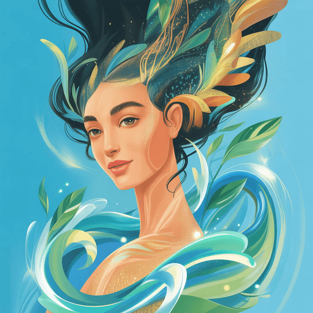 AI generated: Digital artwork of a graceful woman with soft radiant skin in warm peach-gold tones, serene expressi...