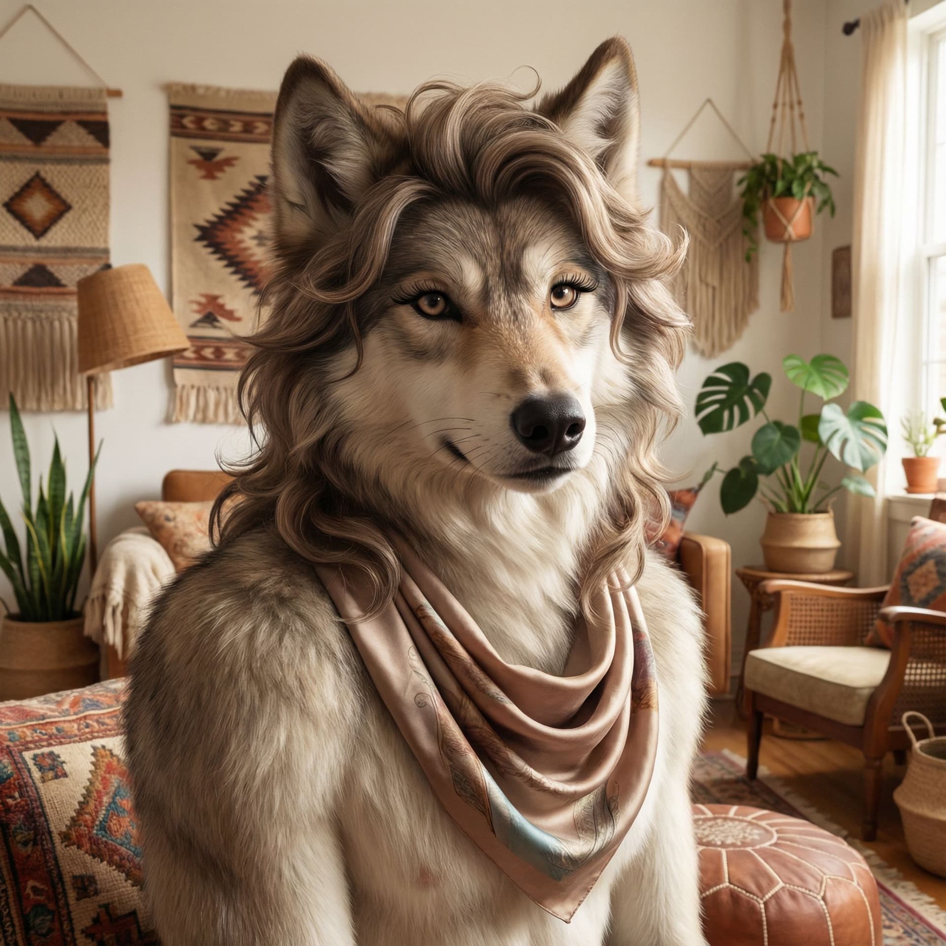 AI generated: A furry male wolf with very feminine traits fully undressed and posing at the camera