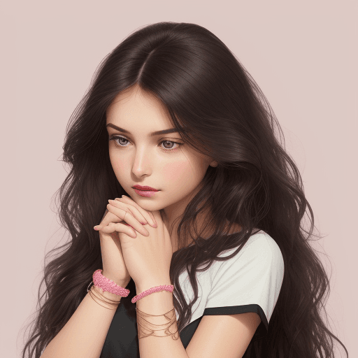 AI generated: A young woman entrepreuneur with long wavy brunette hair rests her head on her clasped hands. She we...