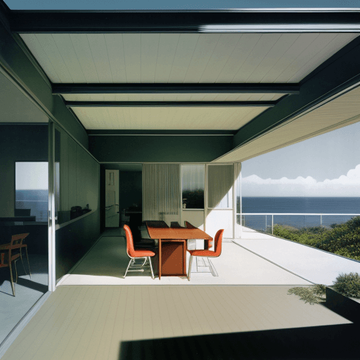AI generated: Hyper realistic eye level exterior photo of a mid century modern style house overlooking the ocean, ...