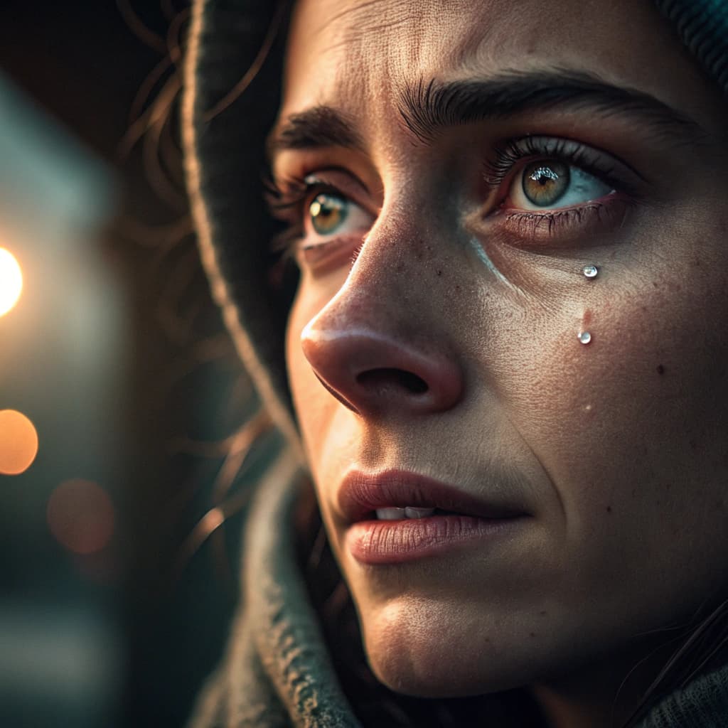 AI generated: Extreme close-up of a person's face caught in a powerful emotional moment — eyes glistening with int...