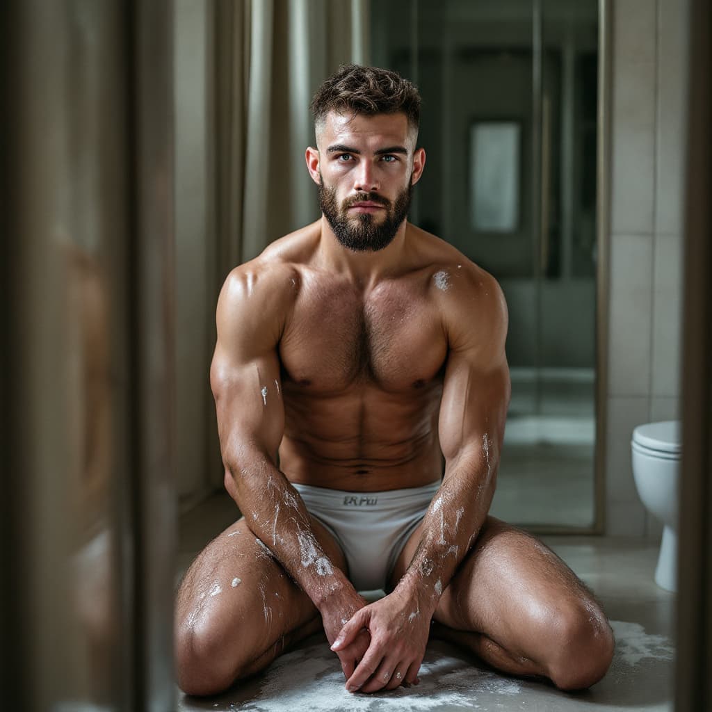 AI generated: Bosnian MMA fighter. 20 years old. Erko Jun. On his knees. Bathroom. Green eyes. Caucasian. Serious....