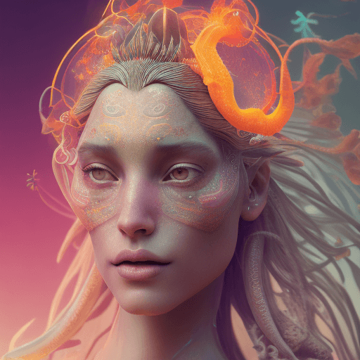 AI generated: Goddess close-up portrait ribcagel. jellyfish phoenix head, nautilus, orchid, skull, betta fish, bio...