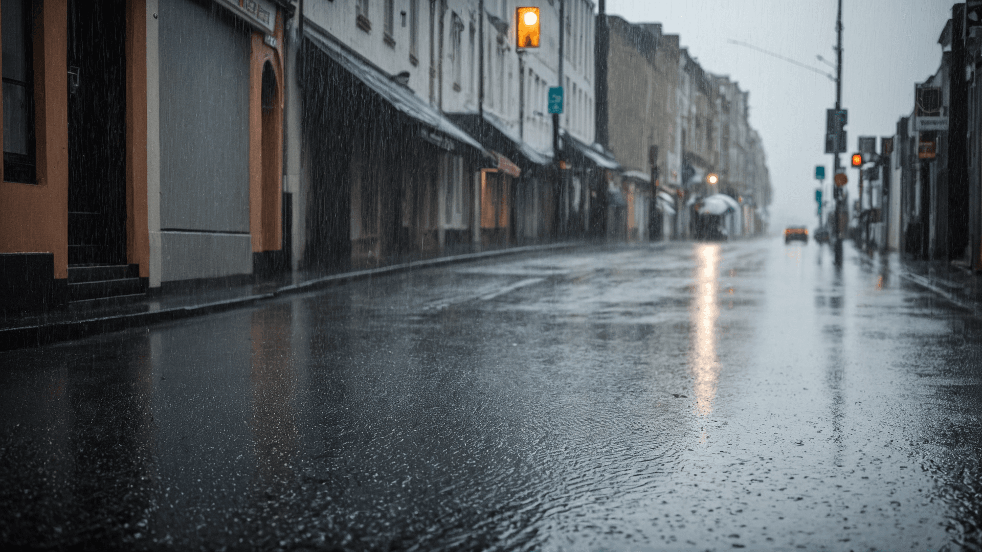AI generated: Photo of a street taken from the side, rain
