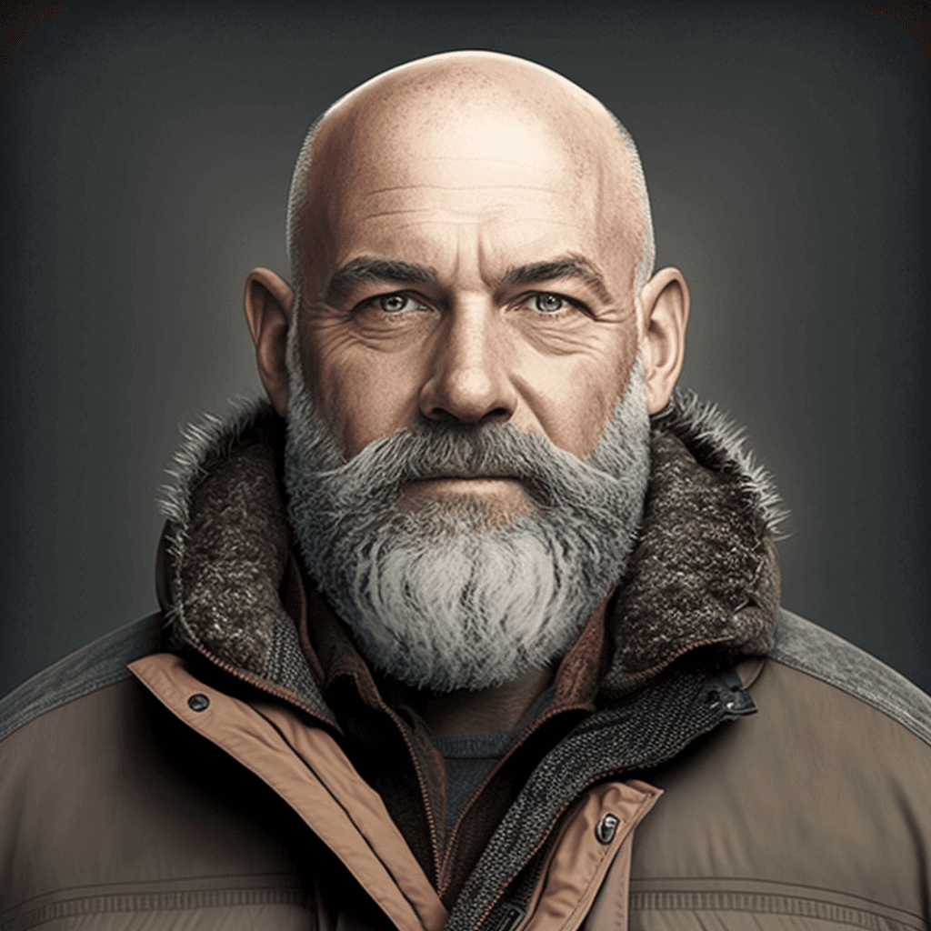 AI generated: friendly man with gray full beard aged 58 with winter jacket and bald head