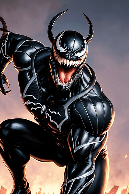 AI generated: Venom, imposing anti-hero, action pose, a sleek black symbiotic suit, a monstrous mouth full of shar...