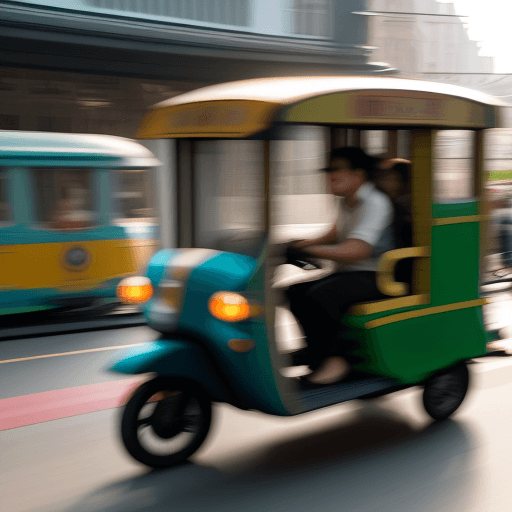 AI generated: An intentional camera movement image that is taken in a buzzling city during sunrise, with people wa...