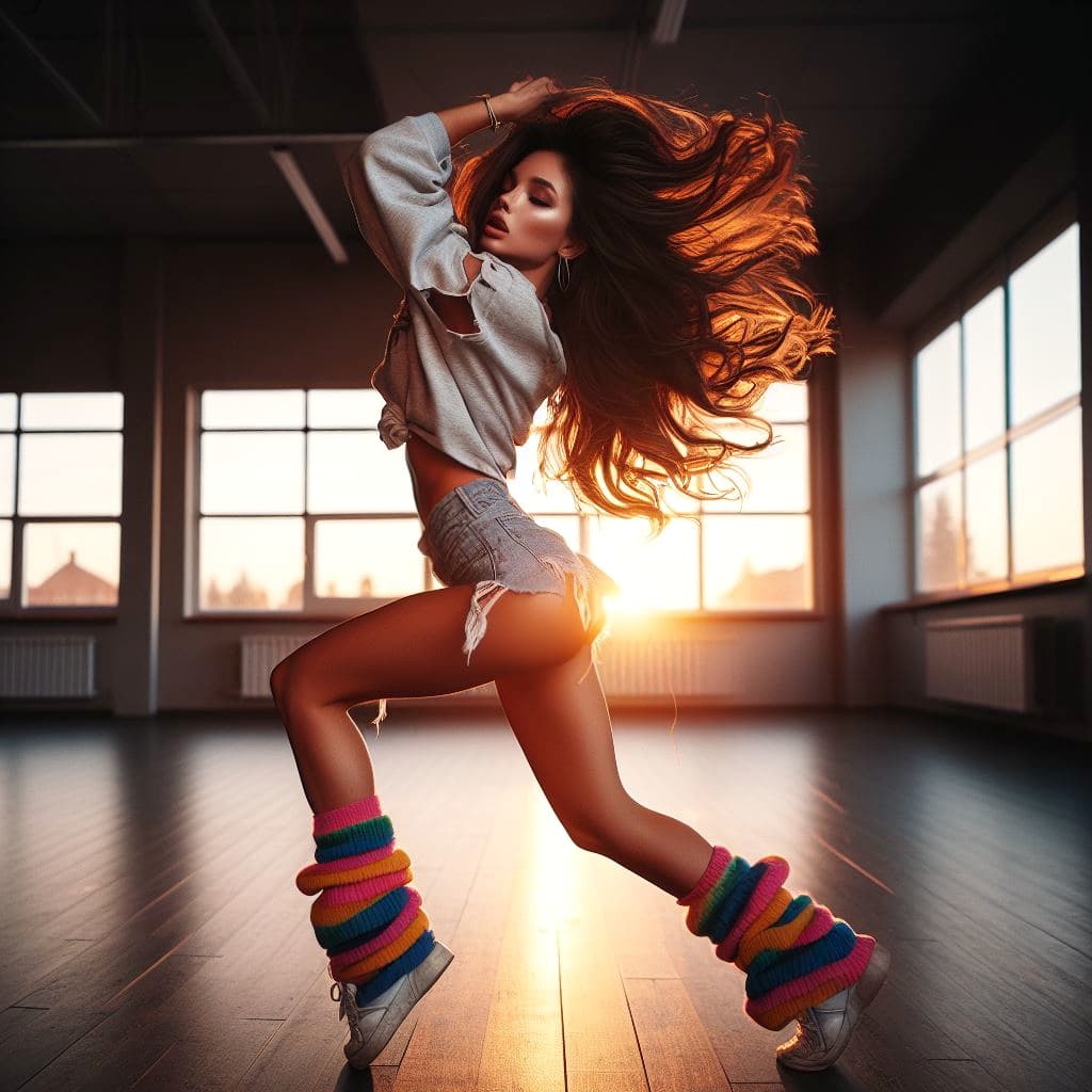 AI generated: A beautiful wide photoreal portrait shot of a gorgeous girl practicing for a dancing competition (sp...