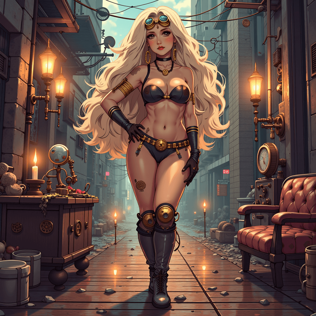 AI generated:  A stunningly curvy blond woman standing confidently in a steampunk-themed room with an industrial b...