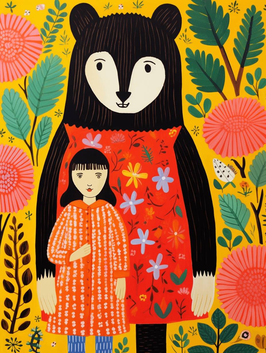 AI generated: funny and cute bear and girl moire pattern llustration in the style of art by by Axel Scheffler and ...