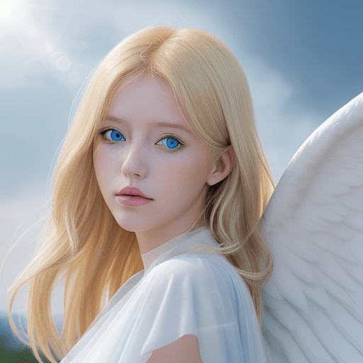 AI generated: A personal portrait of an ethereal and celestial beautiful blonde girl with blue eyes and angel wing...