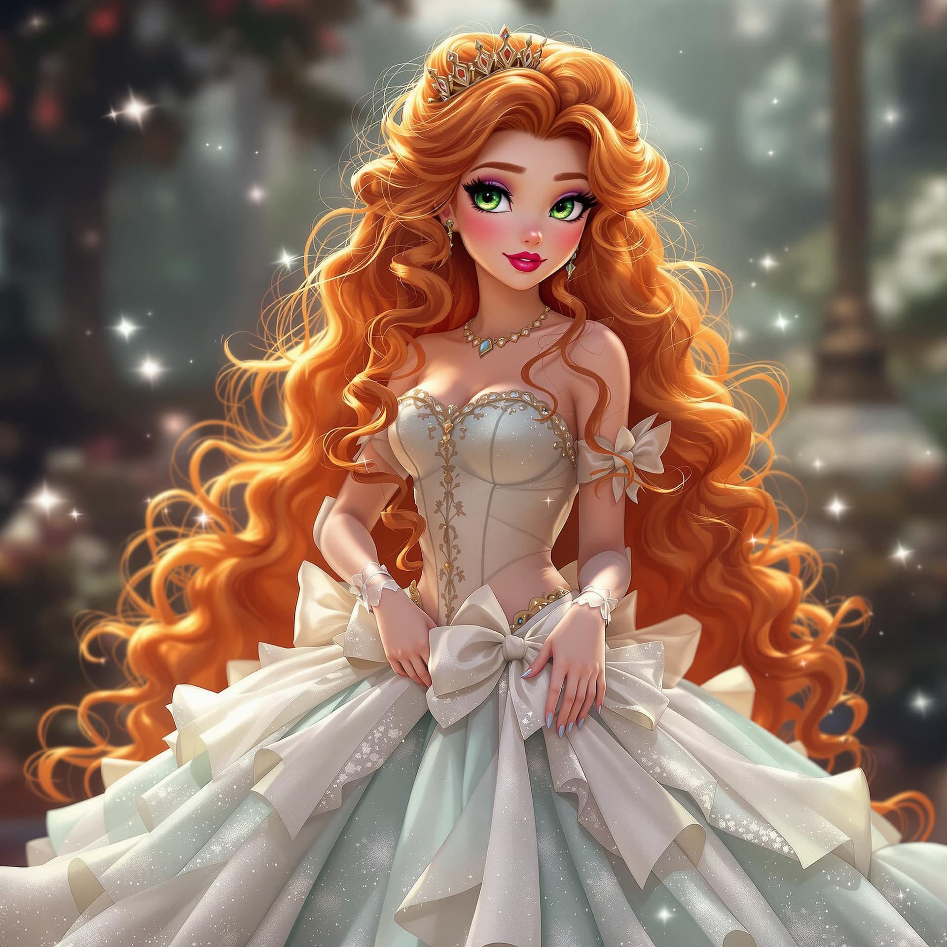 AI generated: A graceful princess with long curly orange hair, jade green eyes, pink plump lips, she's wearing a p...
