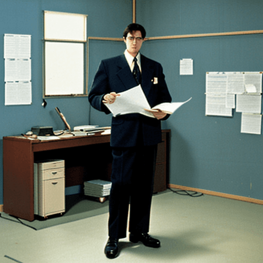AI generated: Lo-fi, noisy, grainy, art from the 1997 colored illustration,of a detective at a desk at night filli...