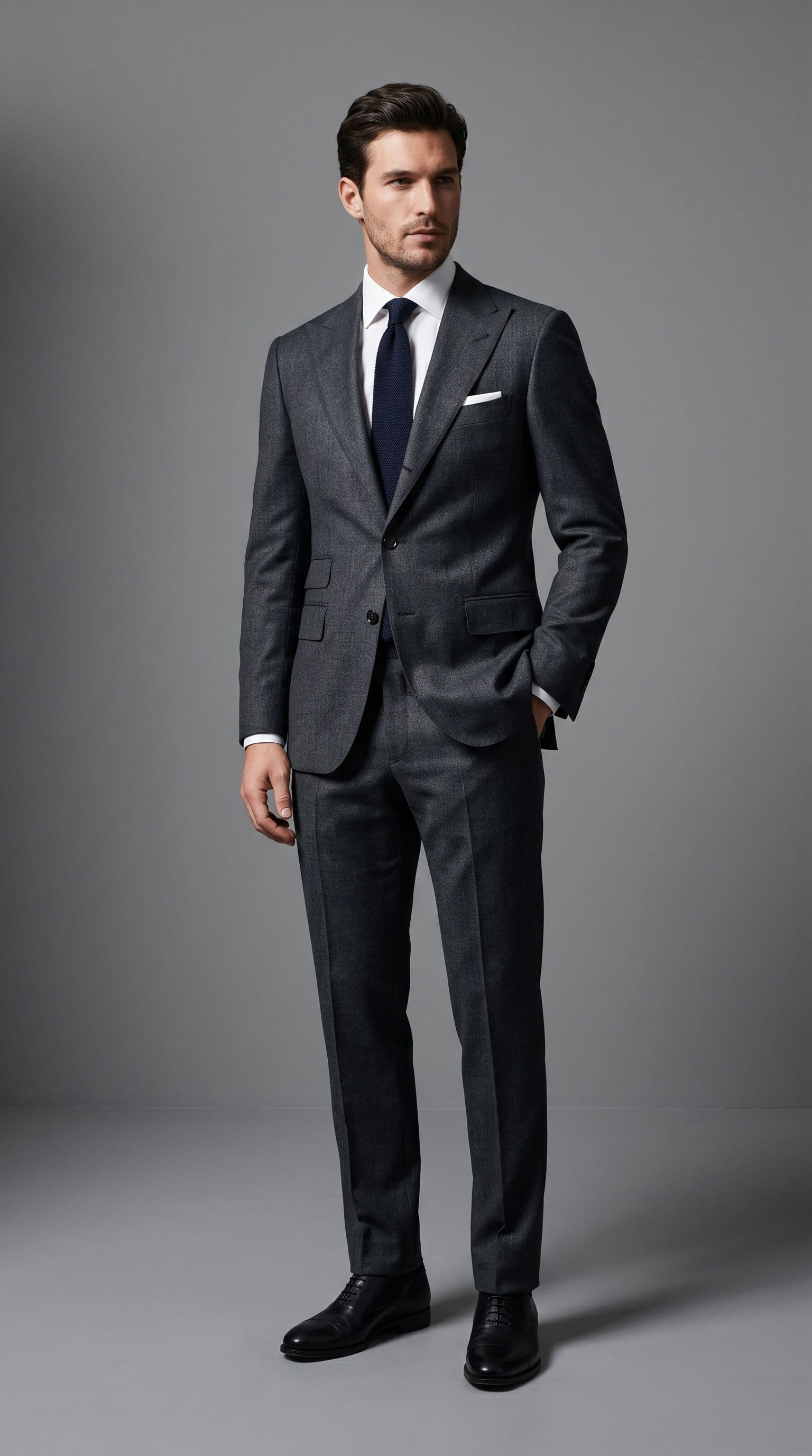 AI generated: Generate a high-end fashion image of a male model wearing a tailored modern suit with sharp lapels a...