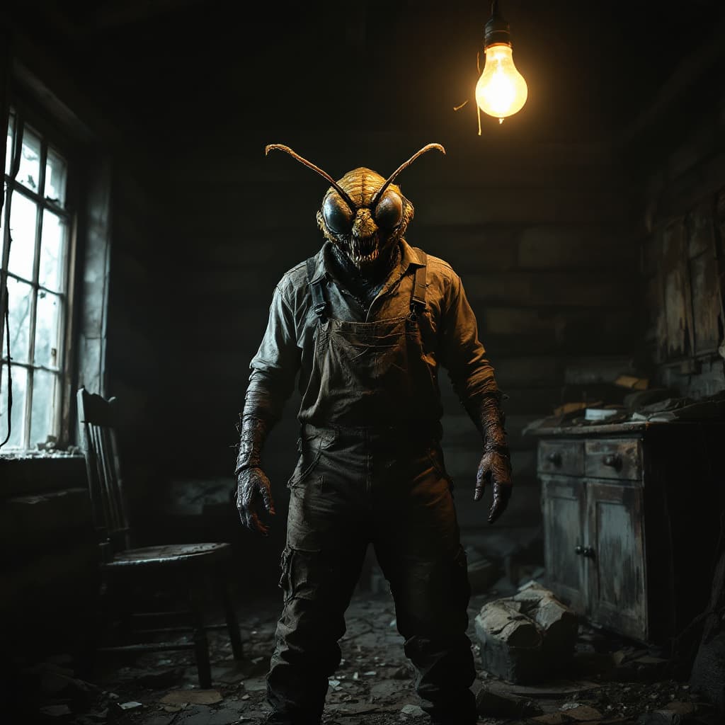 AI generated: A menacing scene inside a run-down log cabin, dimly lit by a single flickering light bulb hanging fr...