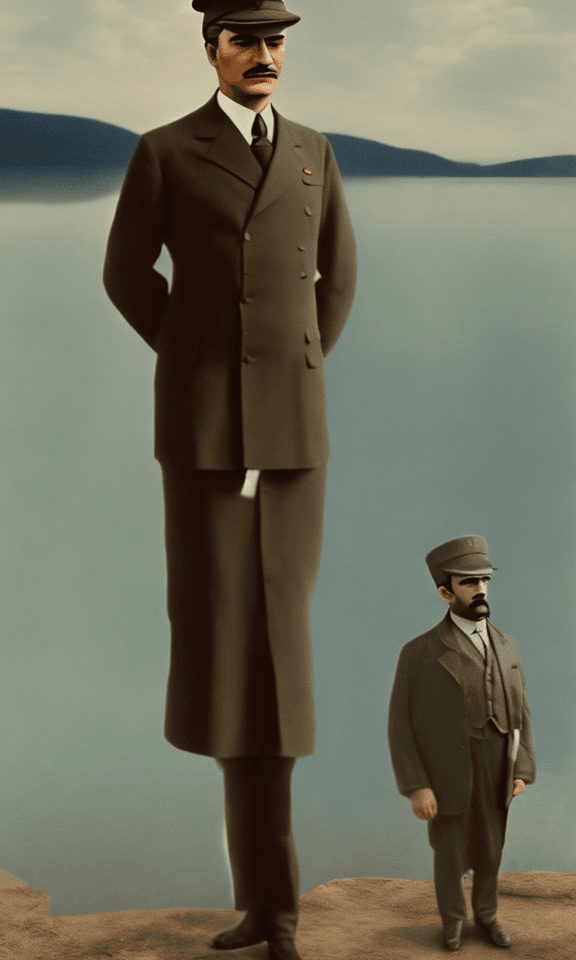 AI generated: Young Mustafa Kemal Atatürk, large moustache, standing near a lake, long distance, hyperrealistic, c...