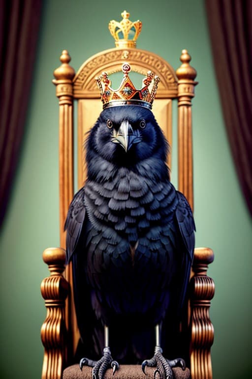 AI generated: crow wearing crown, on throne, style of Debbie Criswell, Photorealistic, Hyperrealistic, Hyperdetail...