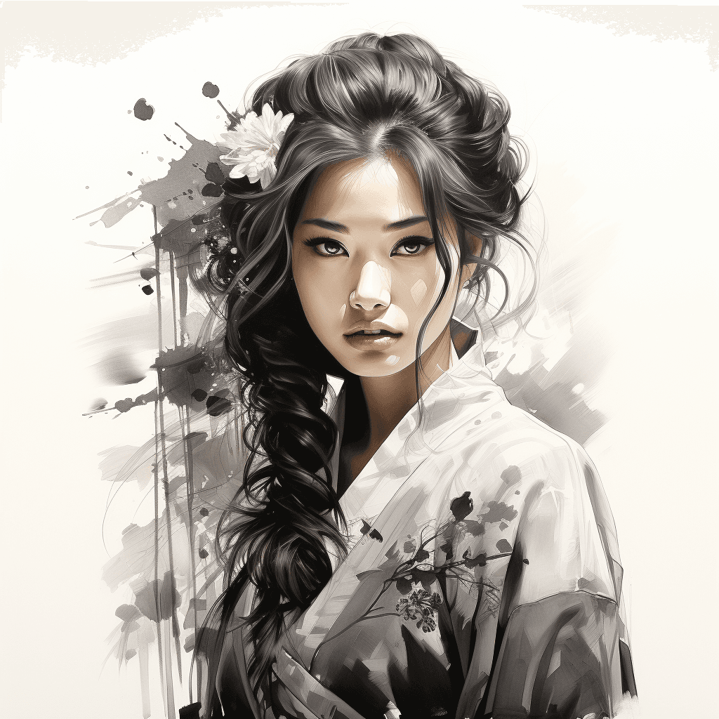 AI generated: black and white Japanese ink drawing, beautiful Japanese woman in a traditional kimono, --q 2 --s 75...