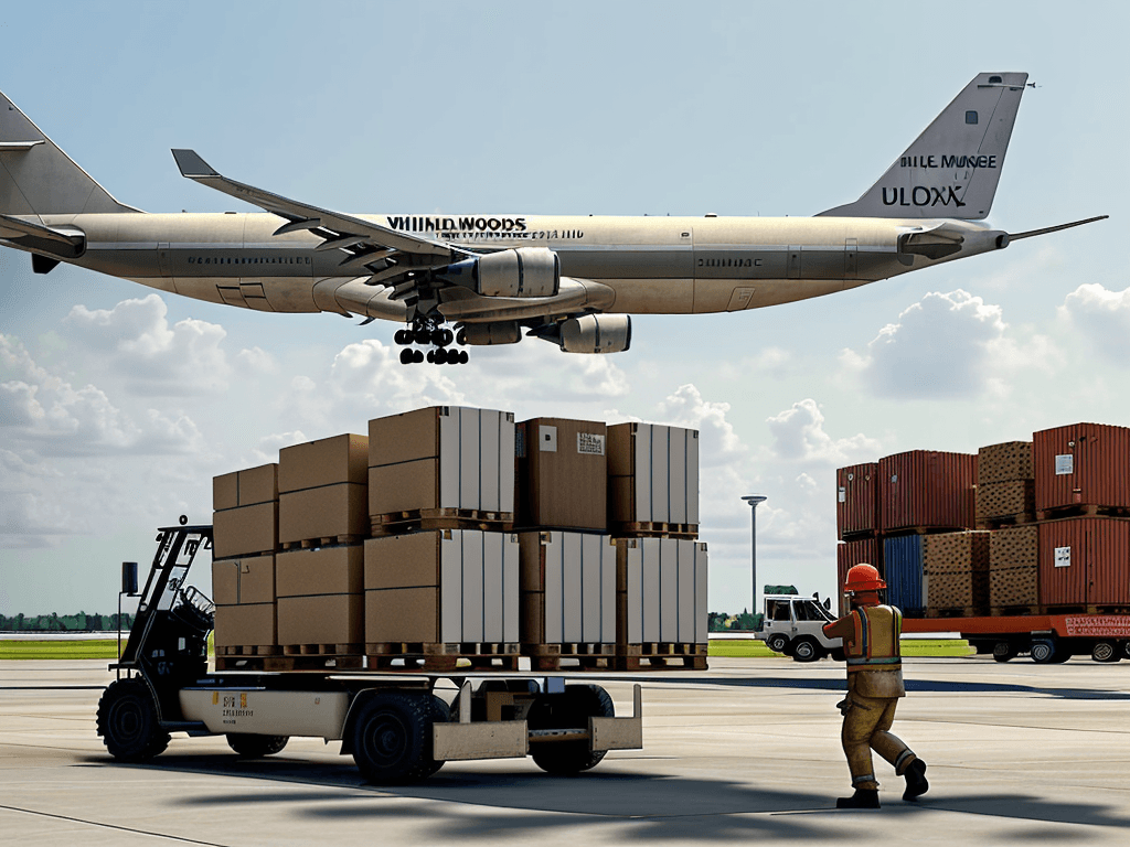 AI generated: The image depicts a cargo plane being loaded with large boxes on wooden pallets by forklifts operate...