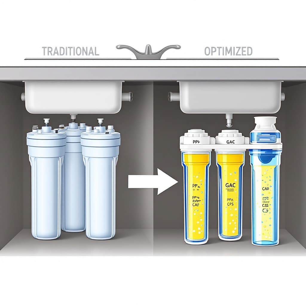 AI generated: A no-background (transparent or white) comparison diagram of an under-sink water filtration setup, s...