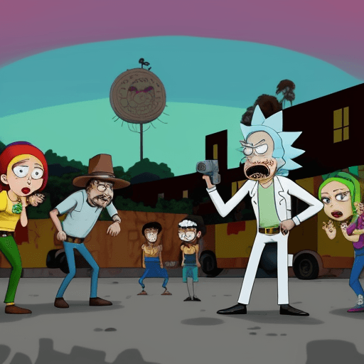 AI generated: The characters of Rick and Morty Mexican version with backwards caps in the middle of an armed confr...