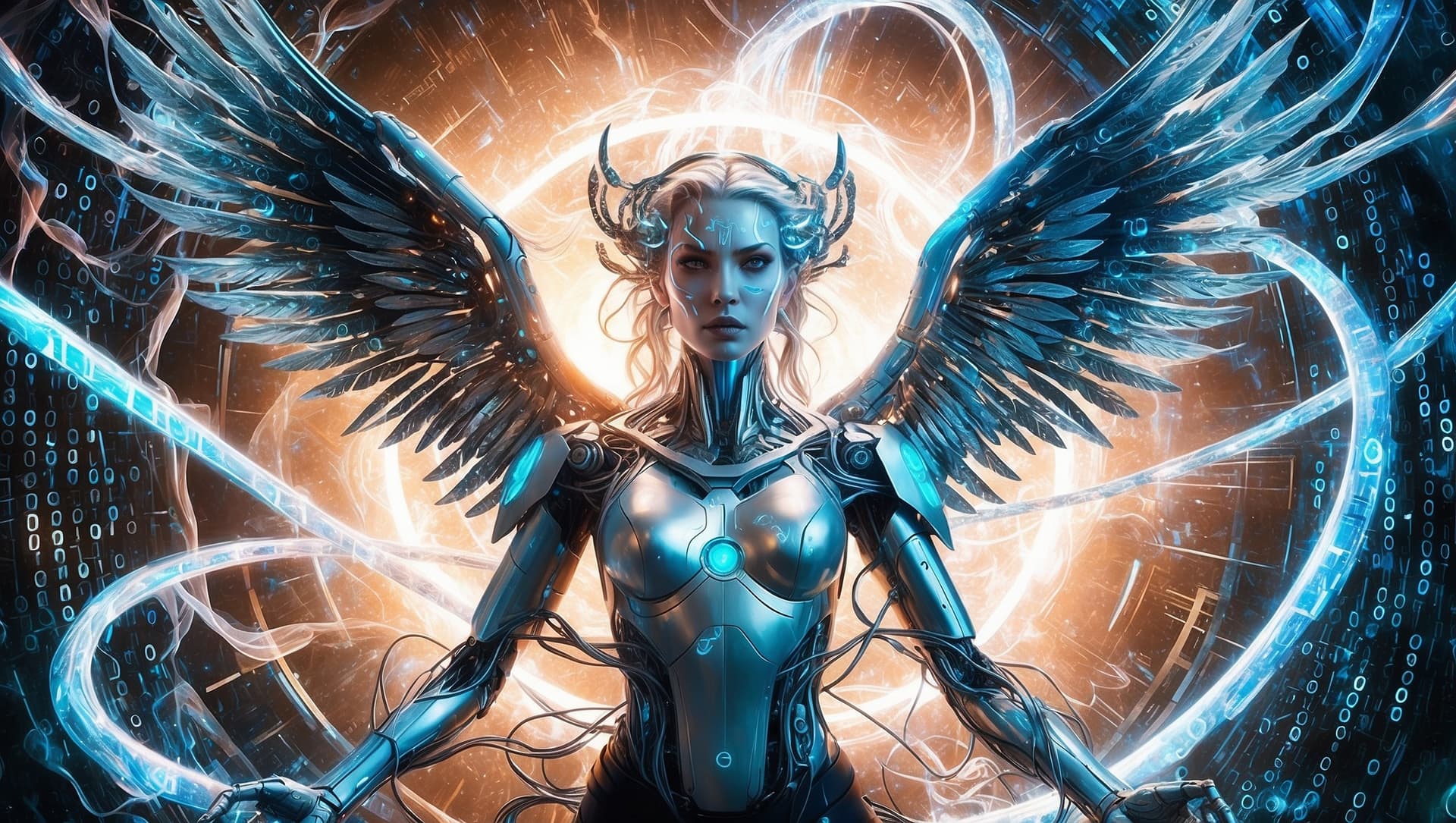 AI generated: A brilliantly unconventional deity, the divine satellite hacker is depicted with cybernetic wings an...