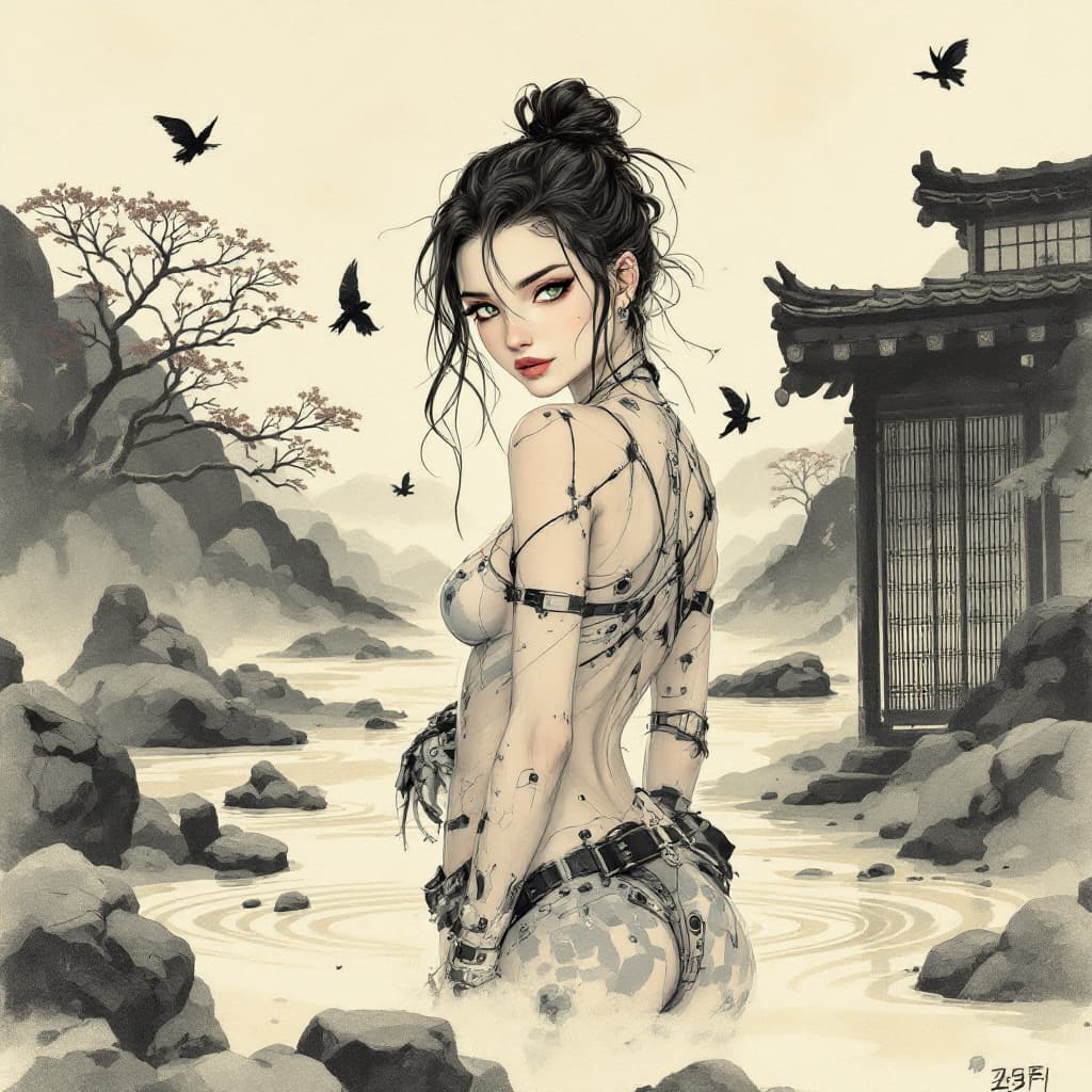 AI generated: anime full body Symbolist ink wash painting of a 24-year-old Yao-Greek female edgy rocker girl with ...