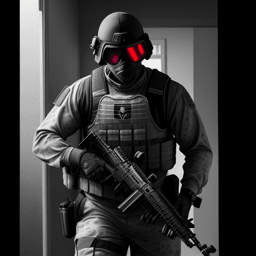 AI generated: Hyper realistic grey scale image of a ballistic shield SWAT operator clearing a house while carrying...