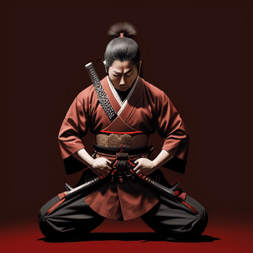AI generated: A japanese man praying with a samurai sword between his hands. The katana hilt faces up and the blad...