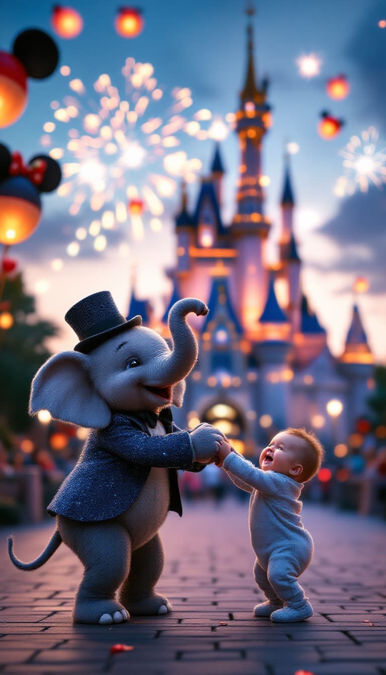 AI generated: A tiny baby elephant in a glittering blue tuxedo and bowler hat, gracefully dancing with a giggling ...